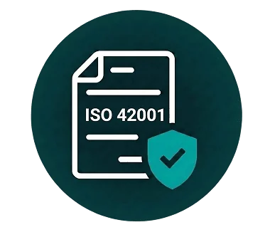 Icon of a document labeled ISO 42001 with a shield and check mark in front, symbolizing certification, approval, or compliance with ISO 42001 standards.