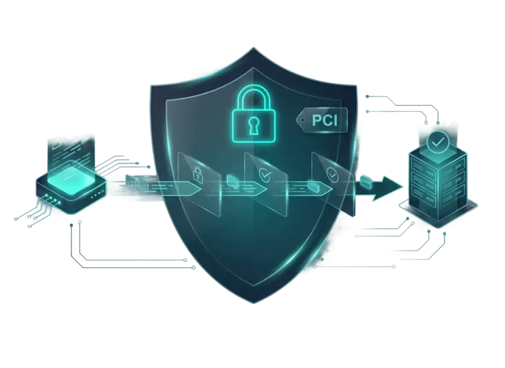 A digital illustration showing secure data flow from a chip to a server, protected by a shield with a lock and PCI label, symbolizing cybersecurity and the importance of passing a PCI Compliance Audit.