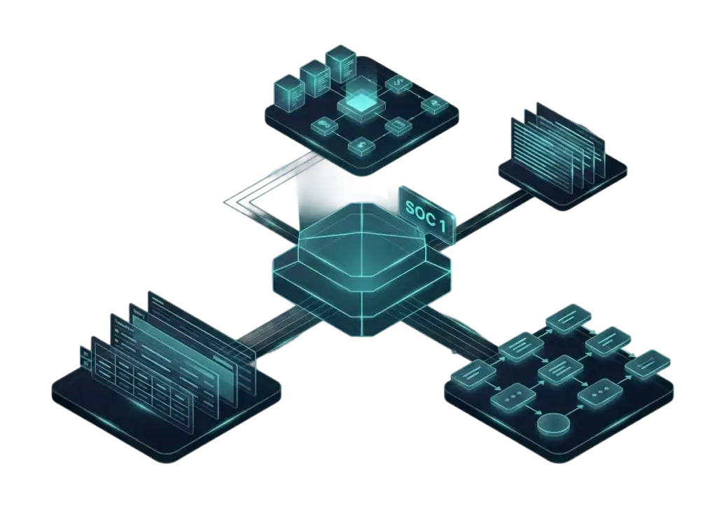 A digital illustration of a system-on-chip (SOC) at the center, connected to four modules—storage, networking, computing, and user interfaces—linked by circuit-like lines on a dark background, subtly referencing SOC 1 audit standards.