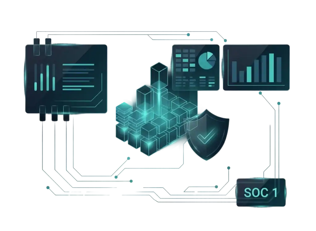 Digital illustration of a data network with glowing blue blocks in the center, surrounding charts, graphs, a shield icon, and a SOC Compliance Services label reading SOC 1, evoking cybersecurity and data analysis themes.