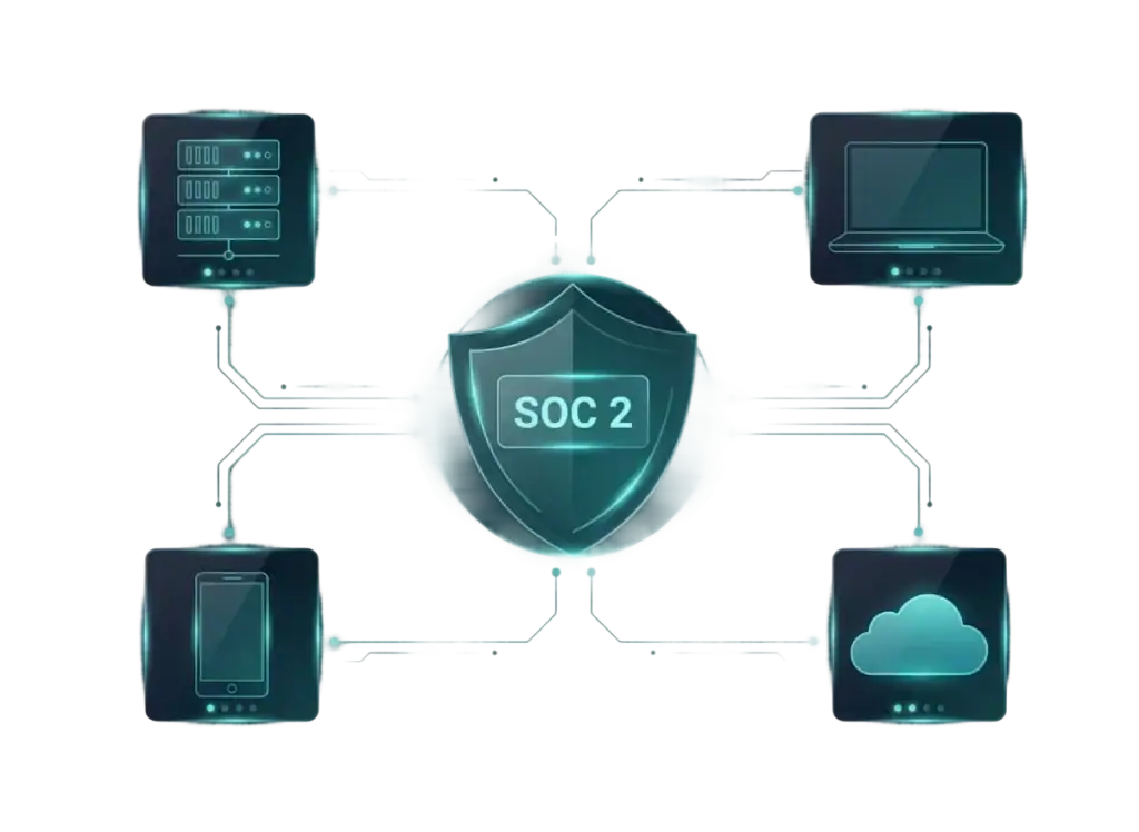 Diagram illustrating SOC Compliance Services, with a central shield labeled SOC 2 connected to icons representing a server, laptop, mobile device, and cloud service, symbolizing secure data management across platforms.