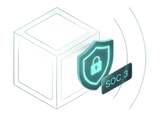A digital illustration of a translucent cube with a shield icon showing a padlock and the label SOC 3 report, representing cybersecurity or data protection compliance.