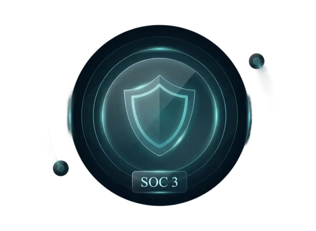 A glowing digital shield icon with concentric circles, labeled SOC 3 at the bottom, symbolizing cybersecurity or SOC Compliance Services certification.