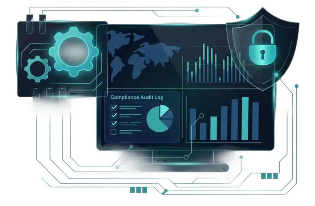 Futuristic digital dashboard with world map, bar and pie charts, compliance audit log, gear icon, and shield with a padlock, representing data security and analytics—ideal for SOC Auditors or any SOC 2 audit firm ensuring compliance.