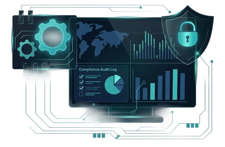 Futuristic digital dashboard with world map, bar and pie charts, compliance audit log, gear icon, and shield with a padlock, representing data security and analytics—ideal for SOC Auditors or any SOC 2 audit firm ensuring compliance.