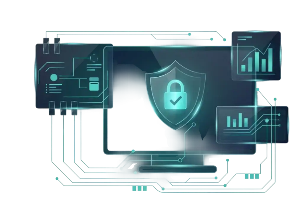 Futuristic illustration of a computer monitor with a digital padlock shield symbol, surrounded by circuit-like lines and data charts, representing cybersecurity, SOC Compliance Services, and robust data protection.
