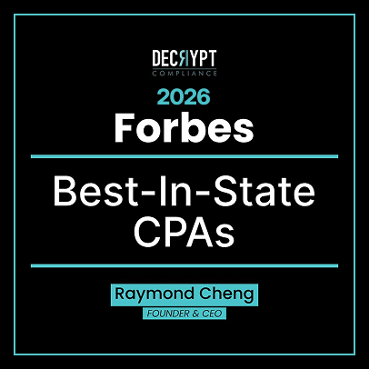 A black square graphic with teal accents reads: Decrypt Compliance. Trust Center. 2026 Forbes Best-In-State CPAs. Raymond Cheng, Founder & CEO.
