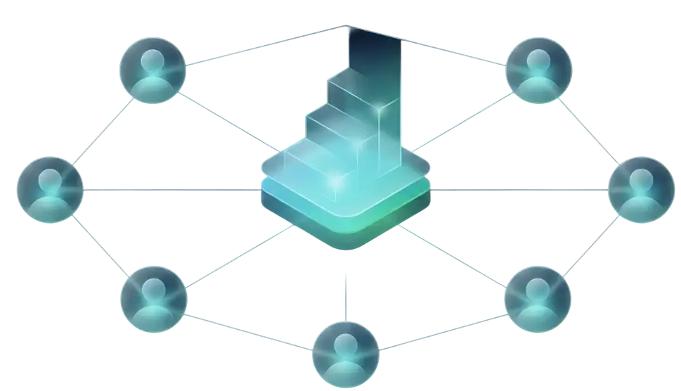 A central 3D staircase icon is connected by lines to six glowing user icons arranged in a hexagon, symbolizing network connectivity and collaboration.