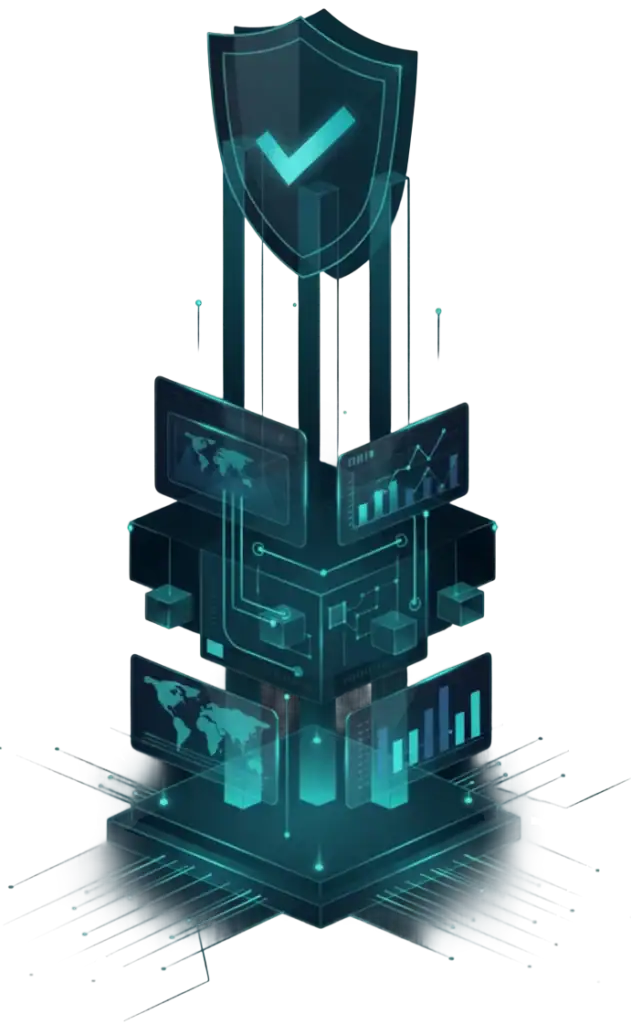 A digital illustration of floating data screens showing graphs, charts, and world maps, stacked beneath a large shield with a checkmark, symbolizing cybersecurity, data protection, and the essence of About Decrypt Compliance.