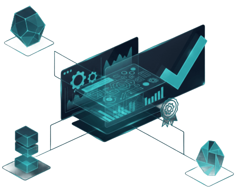 Digital illustration showing floating computer screens with gears, graphs, a large checkmark, and interconnected geometric shapes, reflecting technology, data analysis, system integration, and the principles behind About Decrypt Compliance.