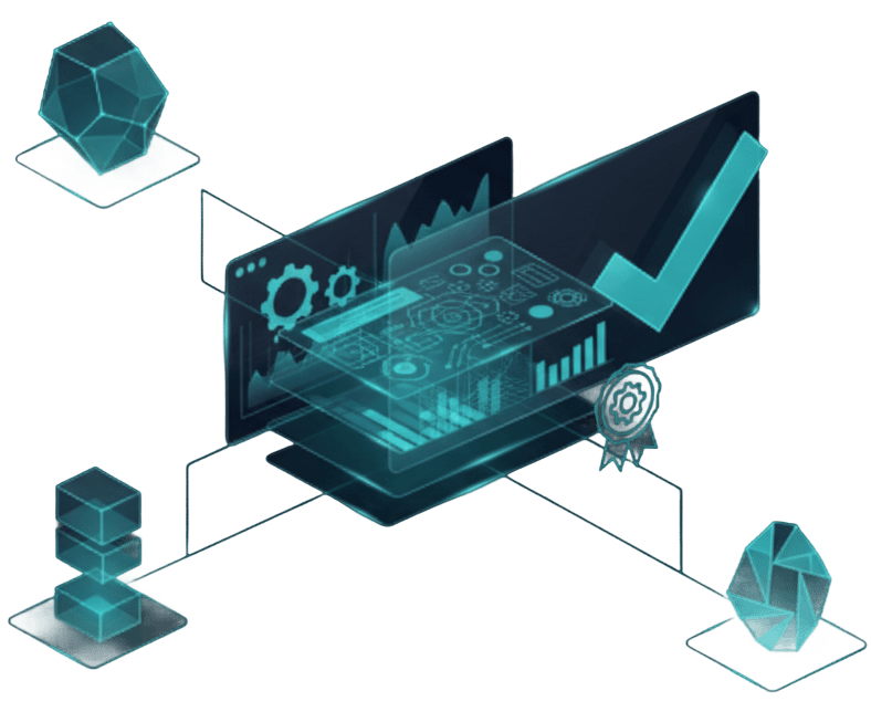 Digital illustration showing floating computer screens with gears, graphs, a large checkmark, and interconnected geometric shapes, reflecting technology, data analysis, system integration, and the principles behind About Decrypt Compliance.
