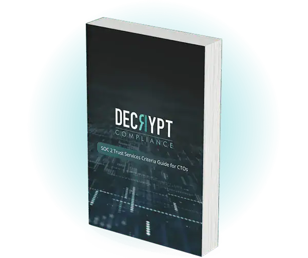 A book titled DECRYPT COMPLIANCE: SOC 2 Trust Services Criteria Guide for CTOs stands upright against a turquoise circular background. Its dark, digital-themed cover is ideal for SOC Auditors or those seeking expert SOC Consulting advice.