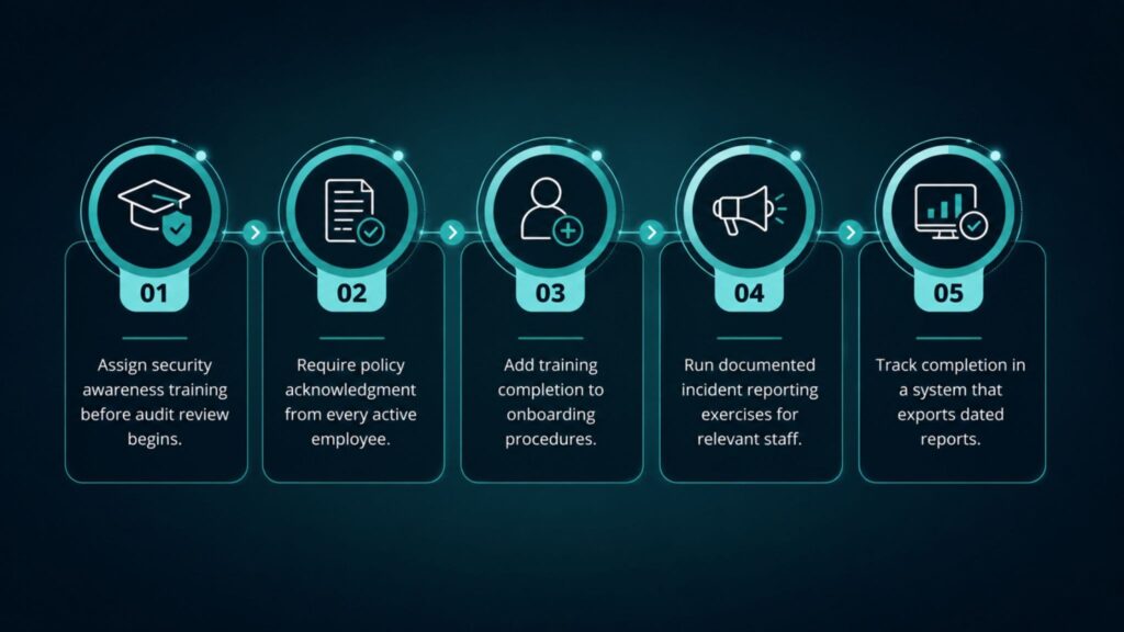 A five-step process flow diagram for a security training procedure, showing steps: assign training, require policy acknowledgment, add training to onboarding, run incident reporting exercises, and track completion with reports.