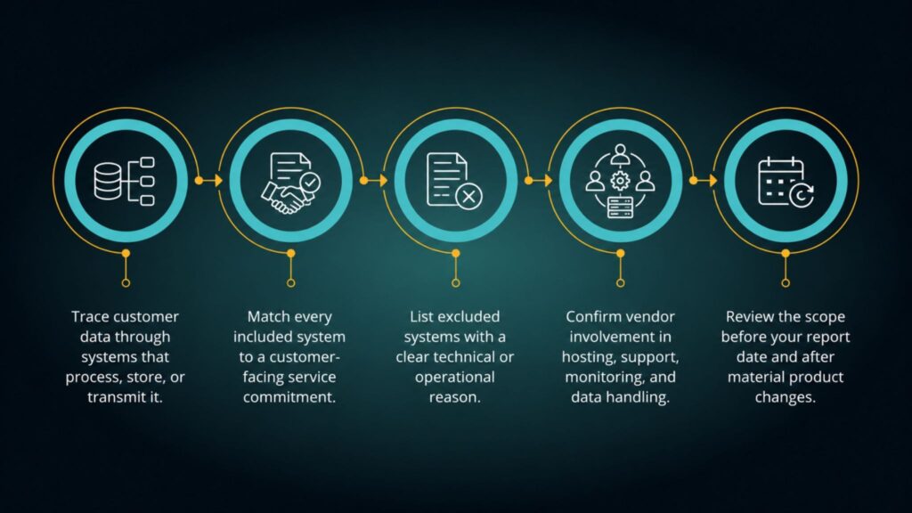 A horizontal infographic with five circular icons connected by lines, each above a text box outlining these steps: trace customer data, match systems to services, list excluded systems, confirm vendor involvement, and review reporting scope.