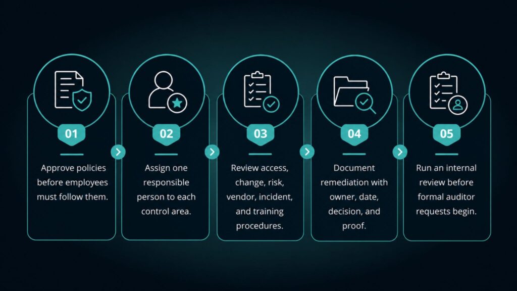 A five-step process diagram: 1. Approve policies before employees follow them. 2. Assign one responsible person to each area. 3. Review access, change, risk, vendor, incident, and training. 4. Document remediation details. 5. Run an internal review.