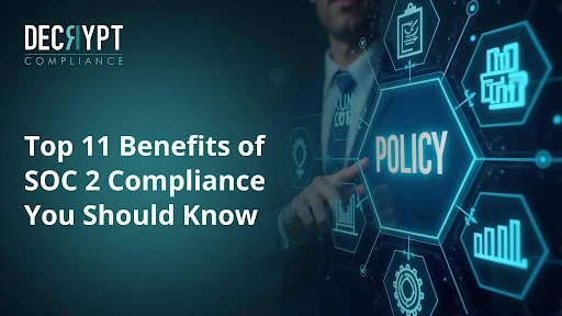 A businessperson in a suit points to a digital screen displaying the word POLICY among icons. Text reads: Top 11 Benefits of SOC 2 Compliance You Should Know. Decrypt Compliance logo appears at the top left.