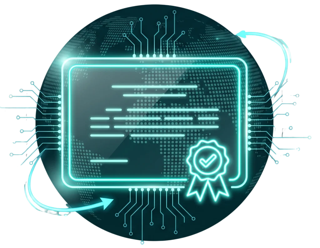A glowing digital certificate with an ISO Certification checkmark ribbon overlaps a dark globe, surrounded by circuit lines and arrows, symbolizing online verification and cybersecurity.